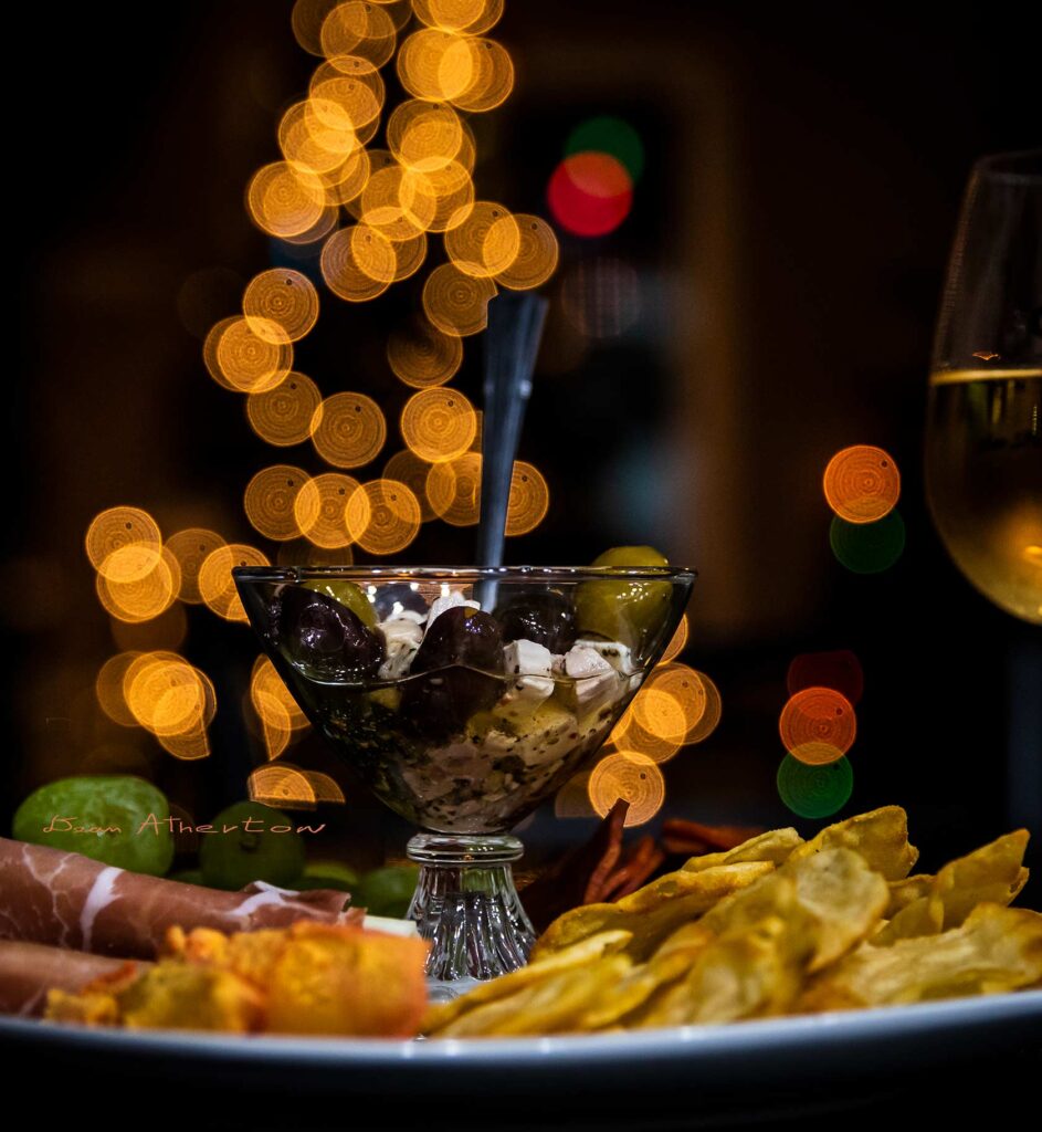 holiday food with bokeh lights in background